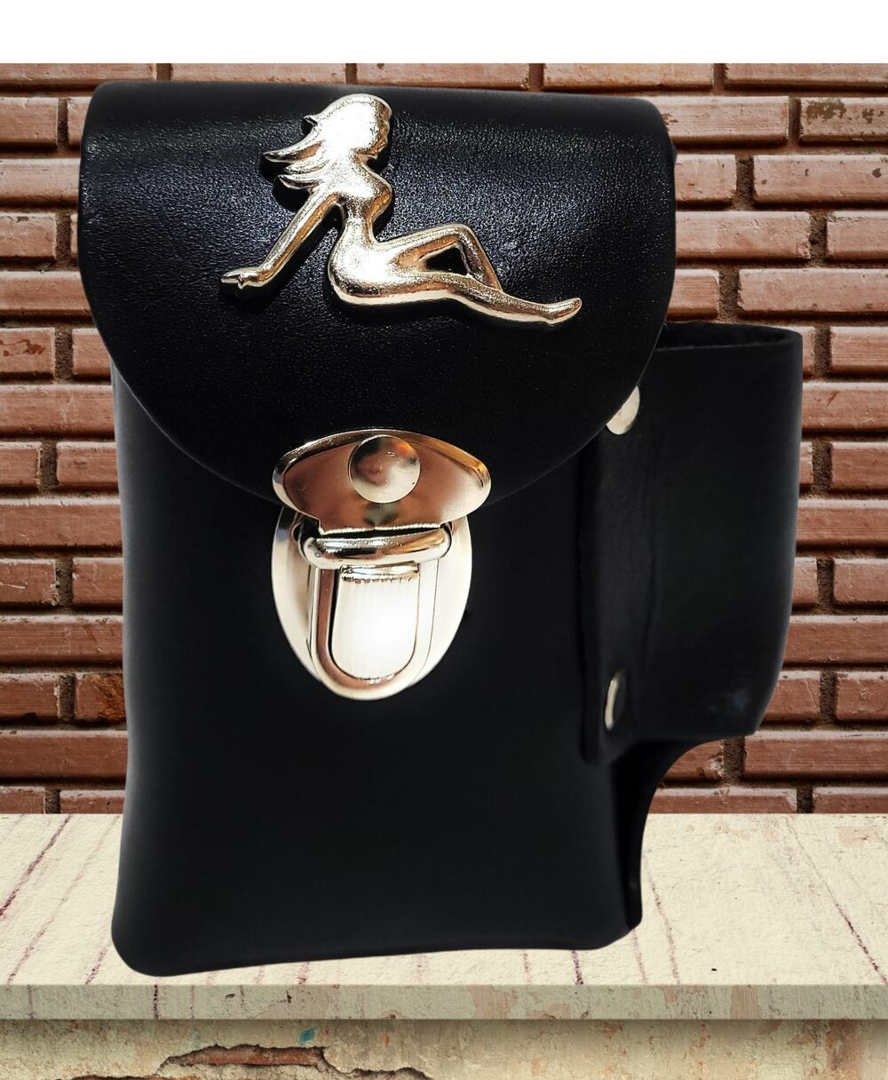 Mens Real Leather Cigarette Case Mud Flap Lady Truckers Bikers Attaches to Belt